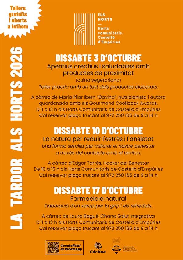 La Tardor als Horts 2026 ofereix tres tallers gratuïts per promoure el benestar, els hàbits saludables i la connexió amb l’entorn La Tardor als Horts 2026